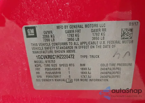 2017 Chevrolet Silverado 1500 1Lt из США, поврежденный, VIN 1GCVKREC1HZ220472